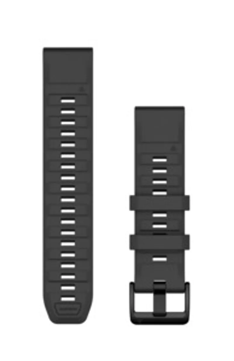 Garmin QuickFit 22mm silicone watch strap in graphite with two vertical pieces—long band with holes and short buckle