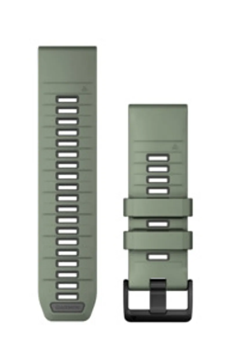 Correa de repuesto Garmin QuickFit 26mm en silicona verde sauce y grafito, dos piezas con hebilla negra y agujeros de