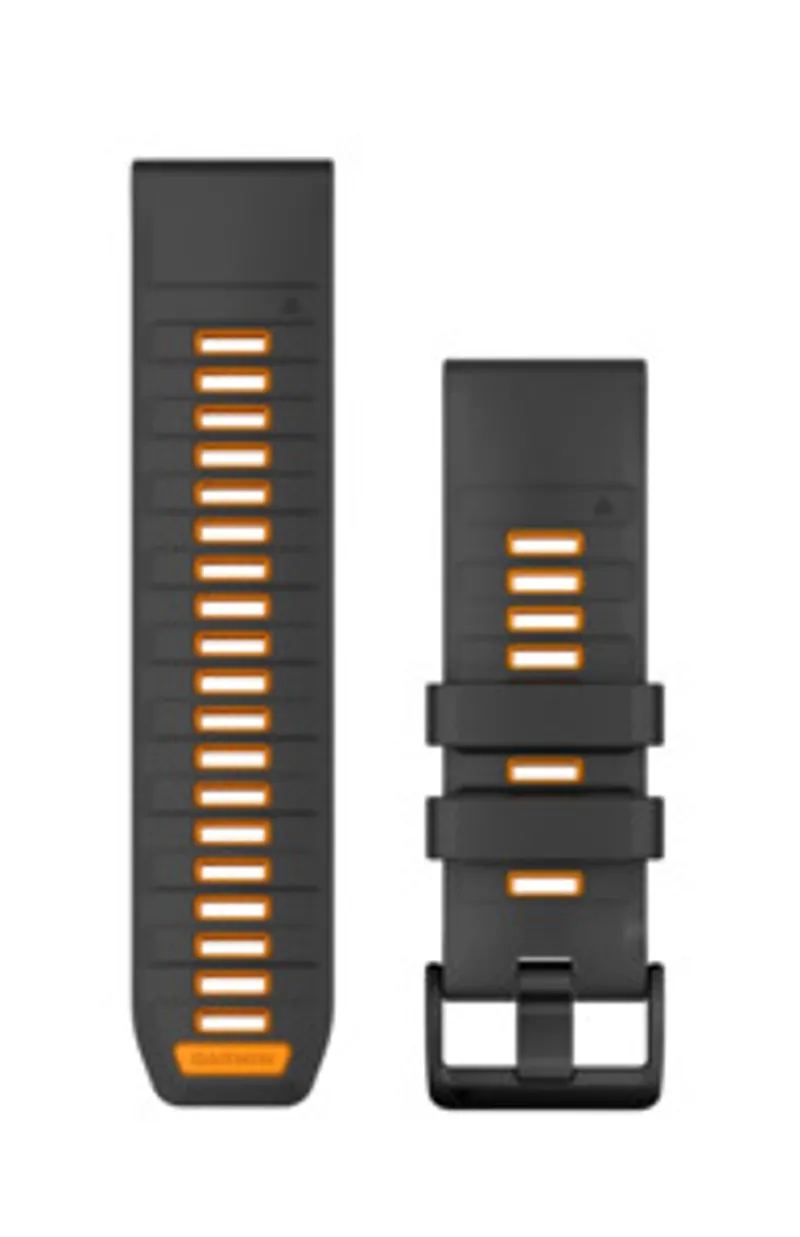 Garmin QuickFit 26mm Silikonarmband in Graphit/Orange mit zwei Teilen: langes Band mit orangefarbenen Löchern und Spitze,