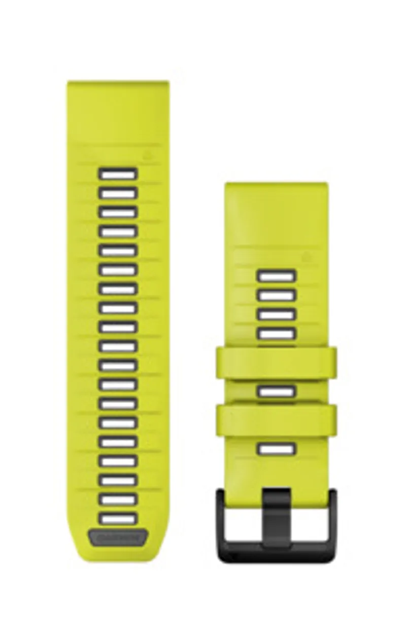 Garmin Ersatzarmband QuickFit 26mm in Amp Yellow/Graphit – zwei vertikale Silikonarmband-Teile mit gelber Lochreihe links