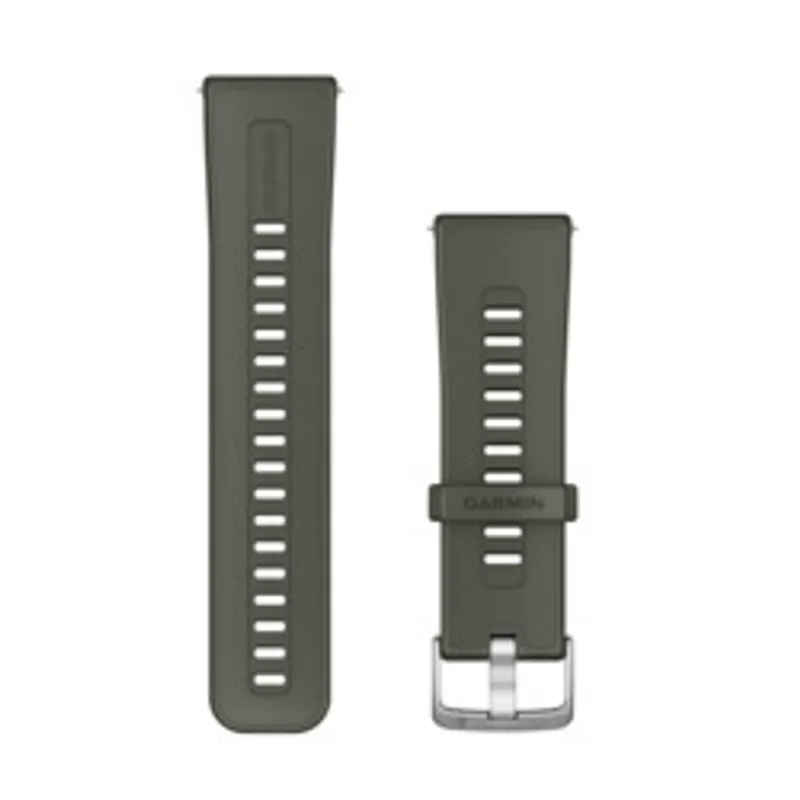 Garmin 24mm moss green silicone replacement watch strap with silver stainless steel buckle shown vertically side-by-side on