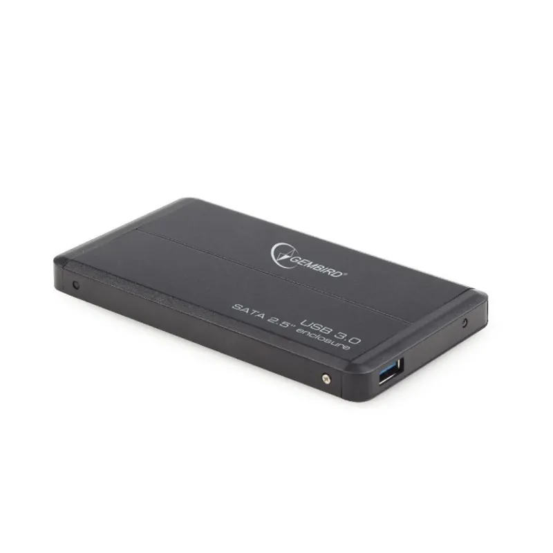 Boîtier externe Gembird USB 3.0 2,5" en aluminium noir mat vu en angle montrant le logo, le port USB bleu et les