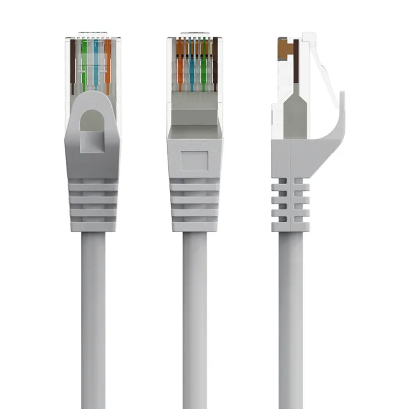 Cavo patch Gembird UTP Cat6 0,25 m con connettore RJ45 grigio in tre viste dettagliate su sfondo bianco.