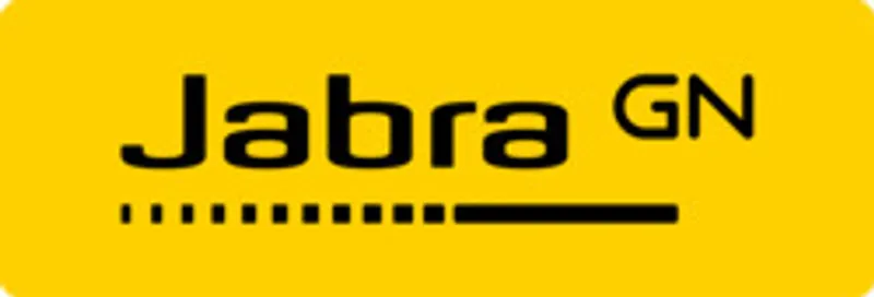 Jabra GN Logo auf gelbem Hintergrund mit schwarzer Schrift und stilisiertem Unterstrich aus Punkten und Linie