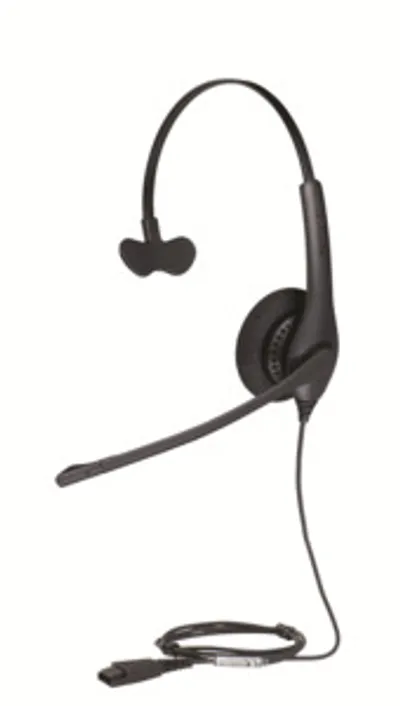 Auricolare monaurale Jabra BIZ 1500 con microfono a braccio, cuscino auricolare e cavo USB per ufficio.