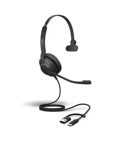 Jabra Evolve2 30 SE USB C/A, MS Mono, auriculares negros con micrófono boom y conectores USB-A y USB-C visibles.