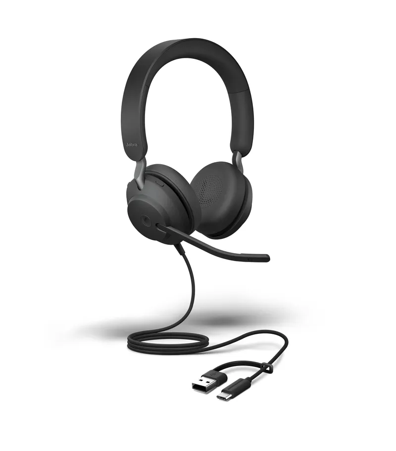 Jabra Headset Evolve2 40 SE USB-C/A MS Duo mit schwarzem Over-Ear-Design, Mikrofonarm und perforiertem Ohrpolster, USB-A-