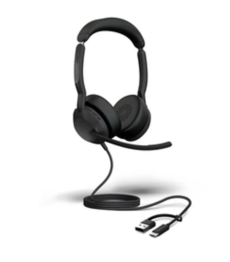 Jabra Evolve2 50 Kopfhörer mit Mikrofon, schwarz, USB-C und USB-A Anschluss, ohne Bluetooth-Funktion, Frontansicht