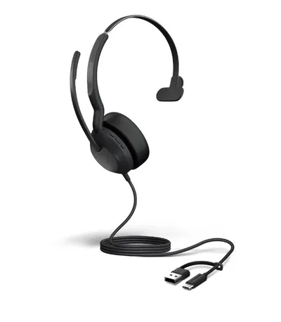 Jabra Evolve2 50 USB C/A, UC Mono, auriculares negros con banda curva, micrófono flexible y controles en la copa auricular,