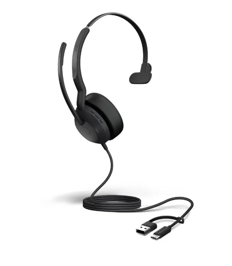 Jabra Evolve2 50 USB C/A, UC Mono, auriculares negros con banda curva, micrófono flexible y controles en la copa auricular,