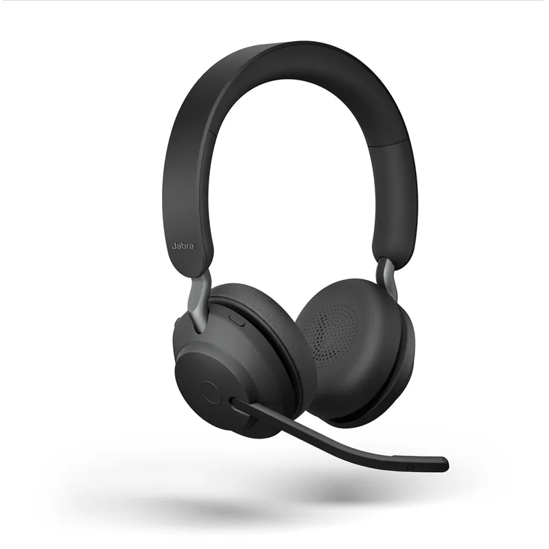 Cuffia Jabra Evolve2 65 UC Duo con Link 380c, auricolare over-ear nero con microfono a braccio su sfondo bianco.