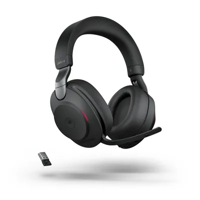 Cuffie over-ear Jabra Evolve2 85 UC Duo nere con microfono a braccio, pulsante Teams e dongle Link 380/390a su sfondo bianco. Cuffie over-ear Jabra Evolve2 85 UC Duo nere con microfono a braccio, pulsante Teams e dongle Link 380/390a su sfondo bianco.
