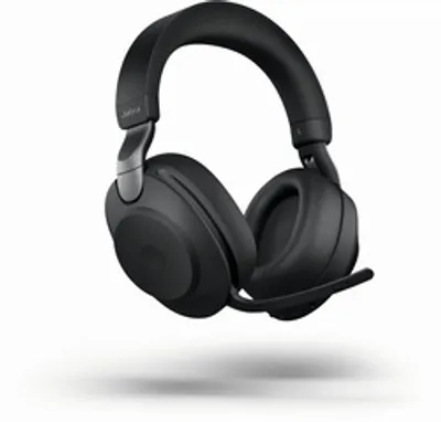 Cuffie Jabra Evolve2 85 UC Duo con microfono a braccio in vista laterale su sfondo bianco, dettagli cuscinetti auricolari e Cuffie Jabra Evolve2 85 UC Duo con microfono a braccio in vista laterale su sfondo bianco, dettagli cuscinetti auricolari e