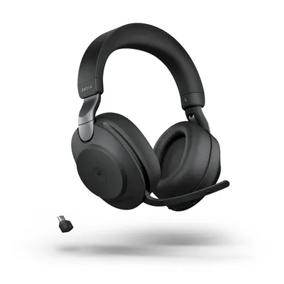 Наушники Jabra Evolve2 85 MS Duo с микрофоном и адаптером Link 380c USB-C в чёрном цвете фронтальный вид.