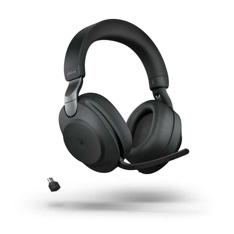 Наушники Jabra Evolve2 85 MS Duo с микрофоном и адаптером Link 380c USB-C в чёрном цвете фронтальный вид.