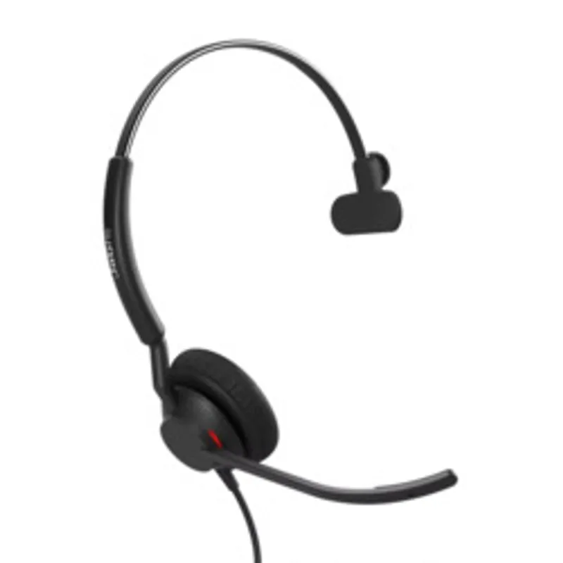 Auricular Jabra Engage 40 Mono USB-C UC en vista lateral con diadema curva, micrófono flexible y cable negro conectado.