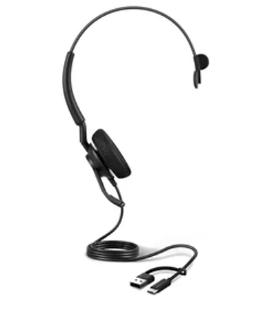 Гарнитура Jabra Engage 40 Inline Link Mono с USB-C/A для UC, чёрная монофоническая модель с микрофоном и двумя разъёмами.