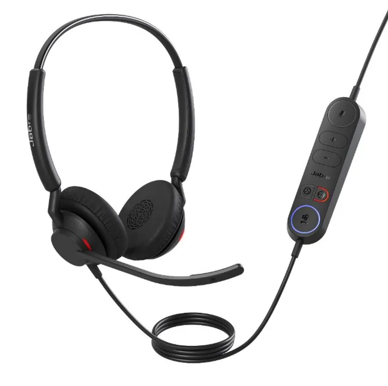 Jabra Engage 40 Inline Link stereo USB-C/A headset with padded earcups, red accents, and inline controls for calls and