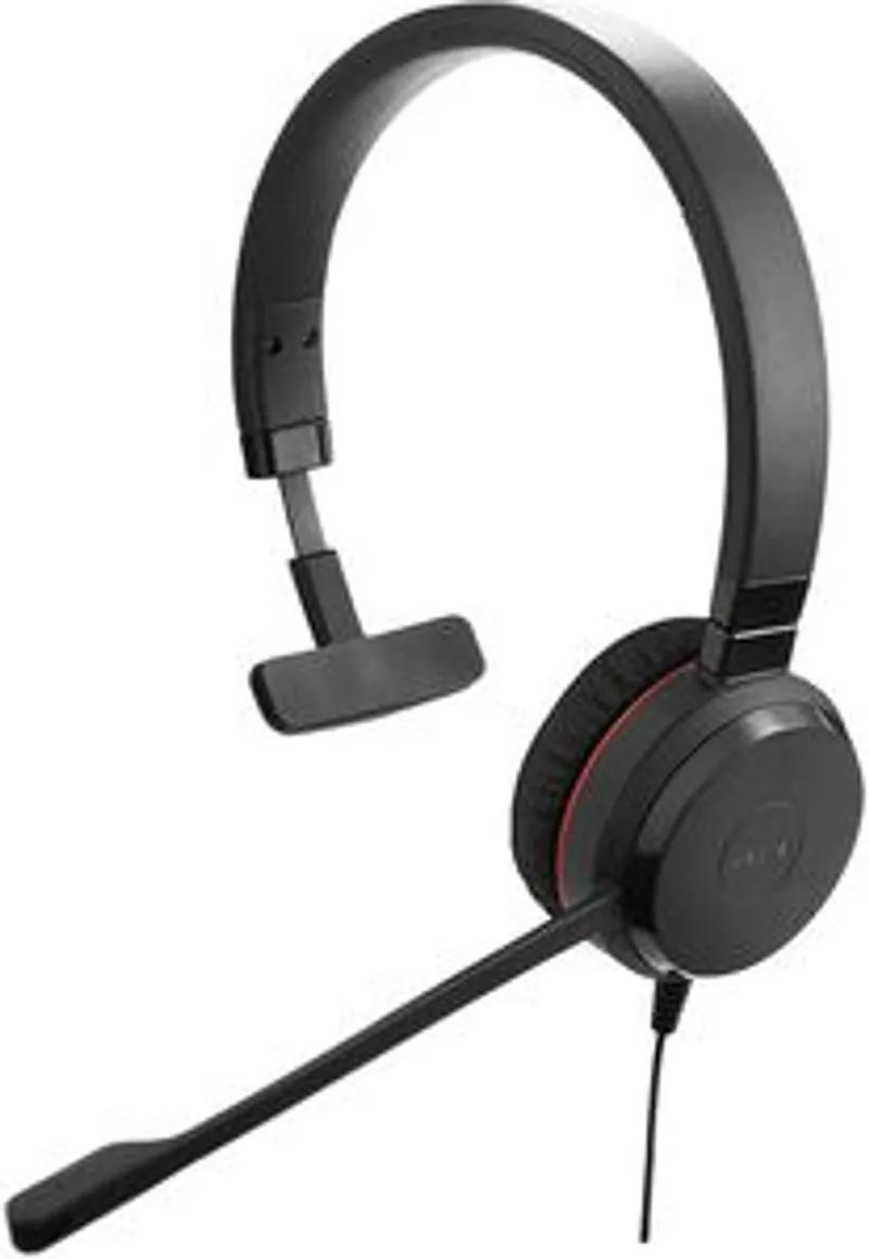 Jabra EVOLVE 20 MS Mono USB Headband Special Edition Noise cancelling, черные наушники с красной окантовкой, боковой вид, с