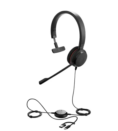 Jabra Evolve 20 SE Mono MS, cuffia nera con microfono flessibile e anello rosso sull'auricolare, cavo con modulo di Jabra Evolve 20 SE Mono MS, cuffia nera con microfono flessibile e anello rosso sull'auricolare, cavo con modulo di