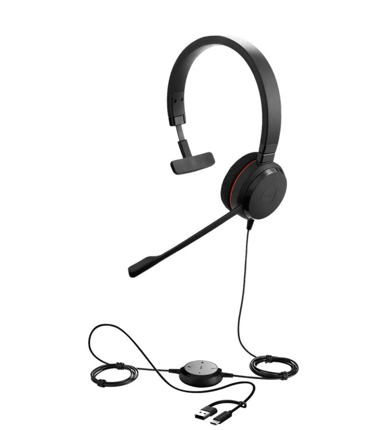 Jabra Evolve 20 SE Mono UC,USB C/A Adapt,Leather - черные наушники с красным акцентом, кожаная амбушюра, микрофон, кнопки