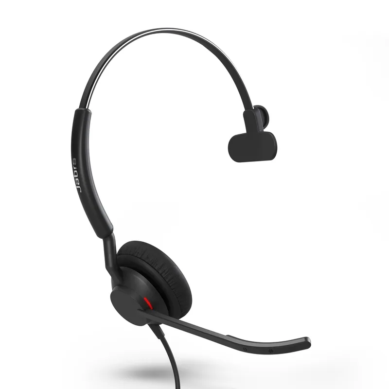 Jabra Engage 50 II Mono headset in black with USB-A connection, side profile showing padded ear cup, red LED, and