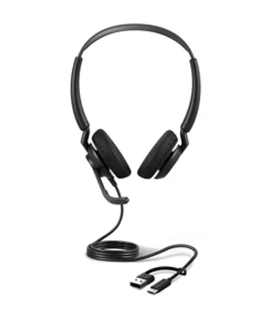 Casque Jabra Engage 50 II Link stéréo noir avec micro flexible et connecteurs USB-C et USB-A sur fond blanc.