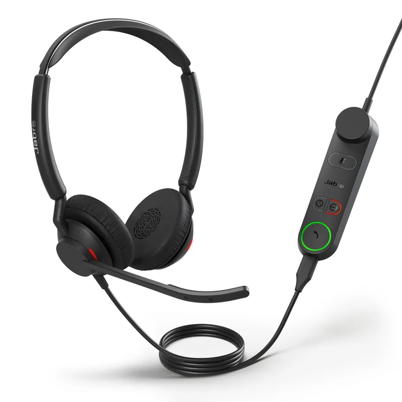 Auriculares Jabra Engage 50 II Link estéreo USB-A con micrófono flexible, controles integrados y luces indicadoras en fondo