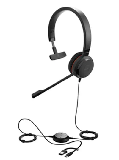 Auricolare mono Jabra Evolve 30 II con microfono regolabile, cavo USB-A e jack 3,5mm per connessione PC o dispositivo mobile. Auricolare mono Jabra Evolve 30 II con microfono regolabile, cavo USB-A e jack 3,5mm per connessione PC o dispositivo mobile.