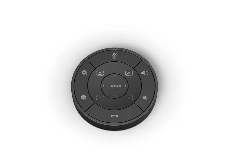 Jabra PanaCast 50 Remote, BLACK, vue de dessus montrant la télécommande circulaire noire avec boutons concentriques pour