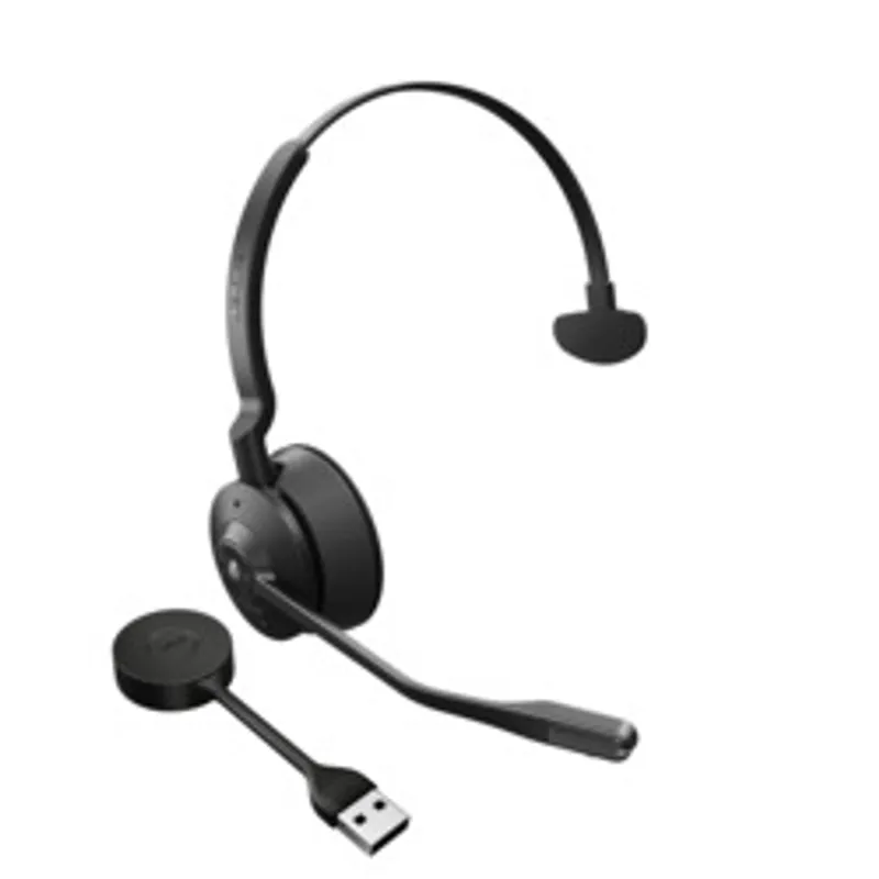 Jabra Engage 55 SE Mono, casque monaural noir avec bandeau frontal et microphone orientable, accompagné du dongle USB sans