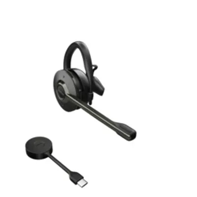 Jabra Engage 55 SE Convertible, черные наушники с круглой диафрагмой и микрофоном на штанге, подключенные к USB-адаптеру