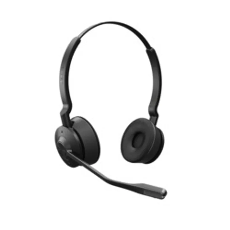 Jabra Engage 55 SE Stereo, schwarzes Headset mit gekrümmtem Kopfband und gepolsterten Ohrmuscheln, weißer Hintergrund,