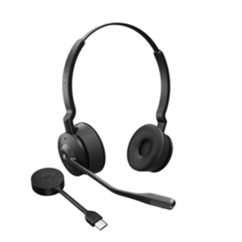 Jabra Headset Engage 55 SE USB-C MS Duo, casque noir à double oreillette avec microphone flexible sur fond blanc, dongle