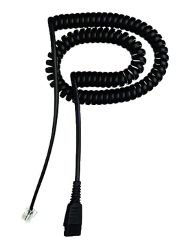 Câble spiralé Jabra KD QD vers RJ10 noir avec connecteur transparent et embout anti-torsion sur fond blanc.