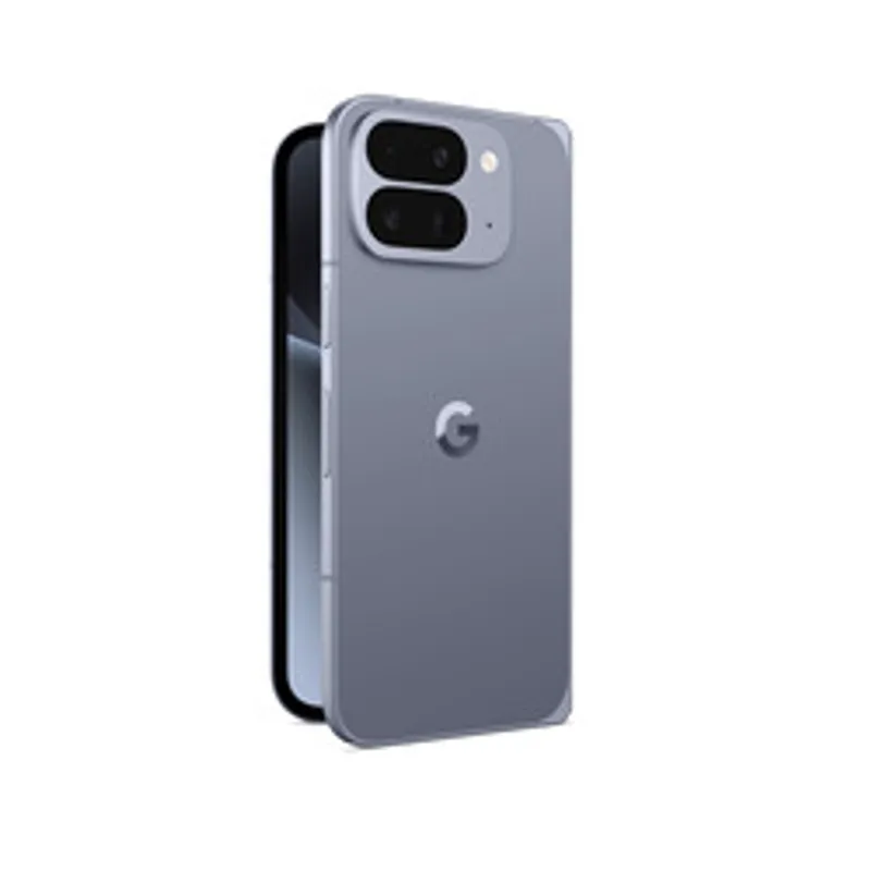 Google Pixel 10 Pro Fold 256GB Moonstone aperto con cerniera visibile e doppia fotocamera posteriore in grigio chiaro.