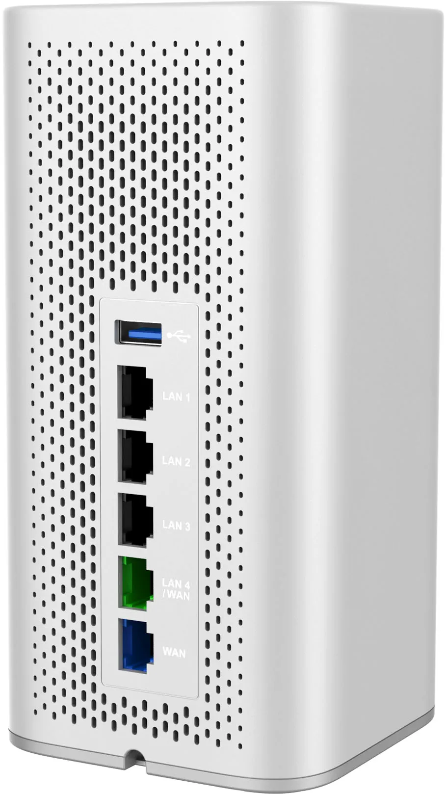 Router Grandstream GWN7062 Wi-Fi 6 dual-band bianco in vista posteriore con porte USB, LAN e WAN e griglia di ventilazione.