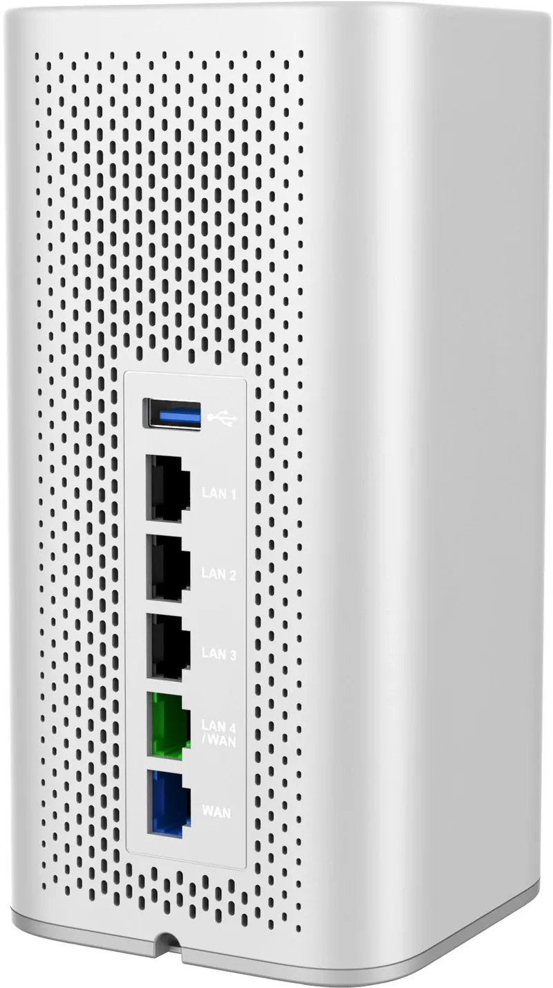 Router Grandstream GWN7062 Wi-Fi 6 dual-band bianco in vista posteriore con porte USB, LAN e WAN e griglia di ventilazione.