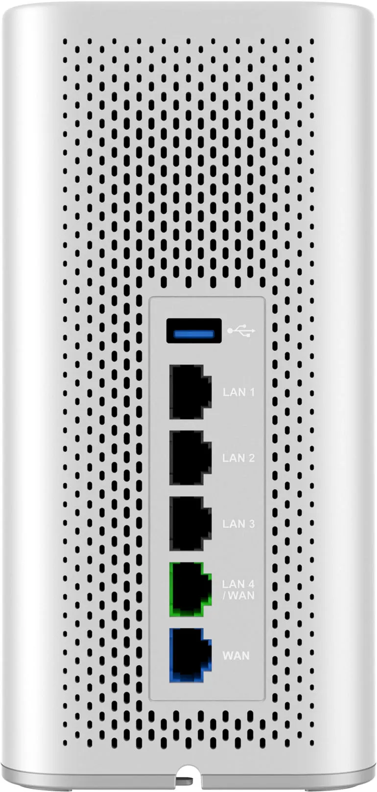 Router Wi-Fi 6 Grandstream GWN7062 retro con pannello posteriore bianco, prese USB 3.0, 4 LAN (1 verde) e WAN blu, fori di