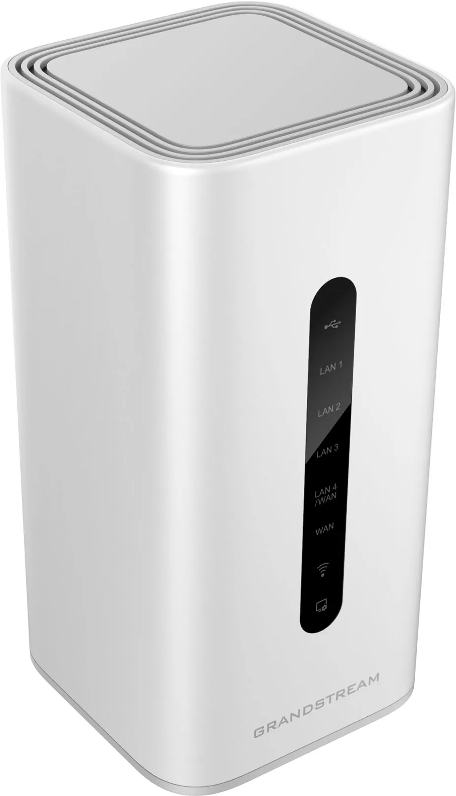 Router Wi-Fi 6 dual-band Grandstream GWN7062 bianco con design verticale e pannello frontale nero dotato di indicatori LED