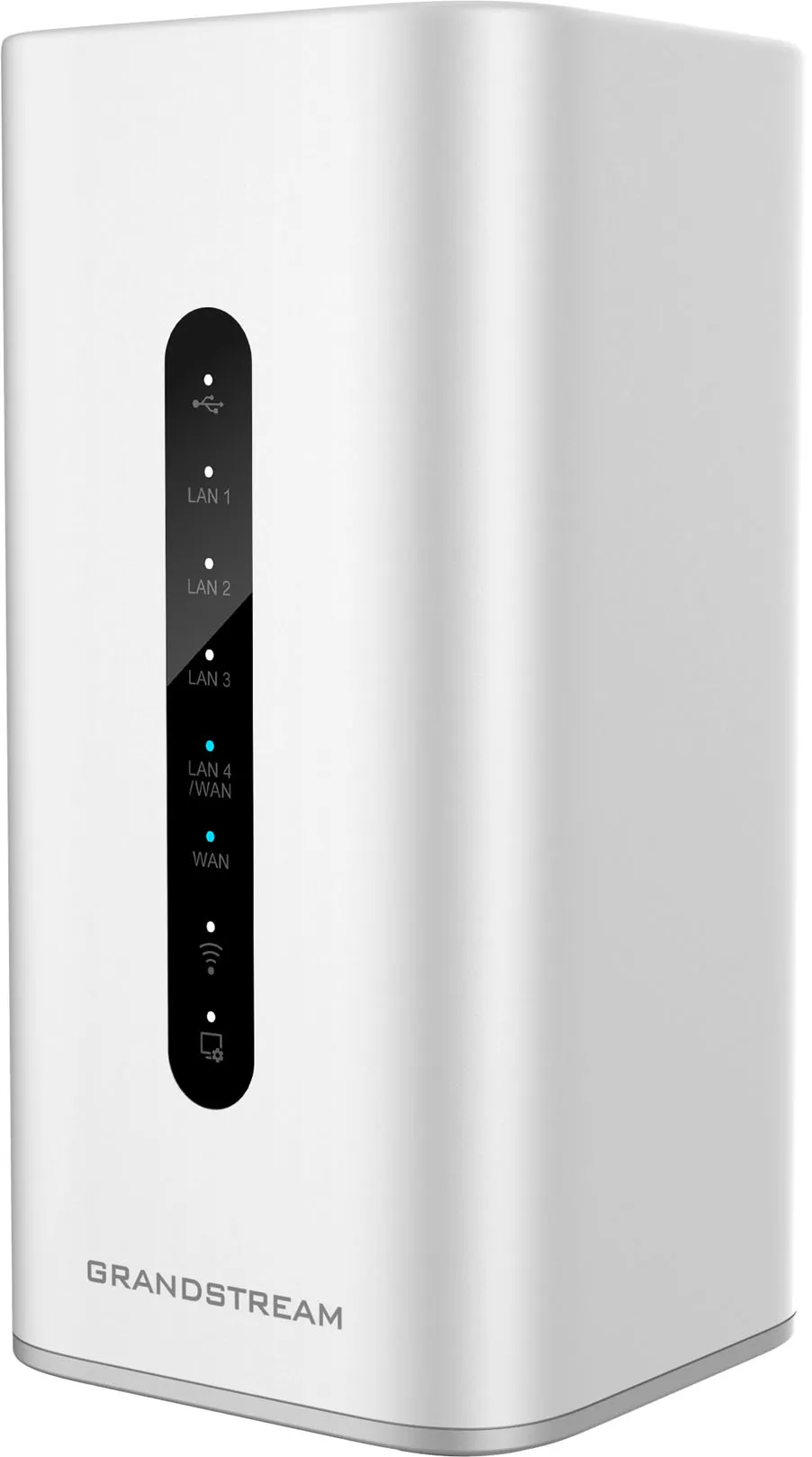 Router Wi-Fi 6 dual-band Grandstream GWN7062 bianco con LED blu accesi su LAN/WAN e pannello frontale nero con indicatori
