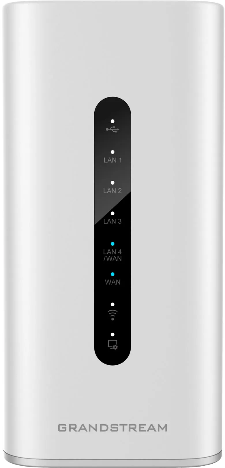 Router Wi-Fi 6 dual-band Grandstream GWN7062 bianco con pannello LED centrale nero, indicatori USB, LAN 1-4, WAN e Wi-Fi