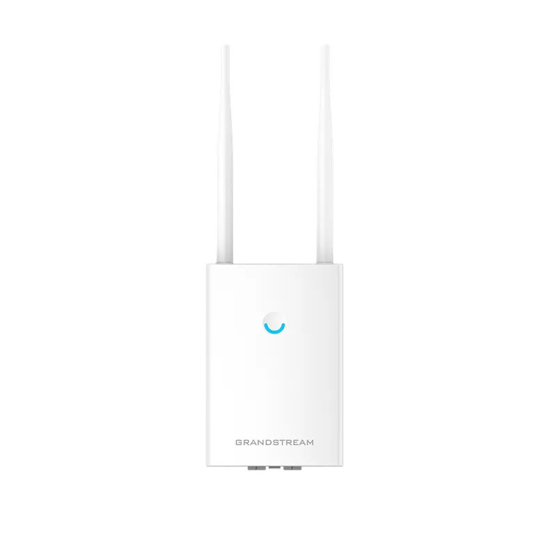 Access point WiFi Grandstream GWN7605LR bianco con due antenne verticali e LED blu, dispositivo per reti wireless ad alta