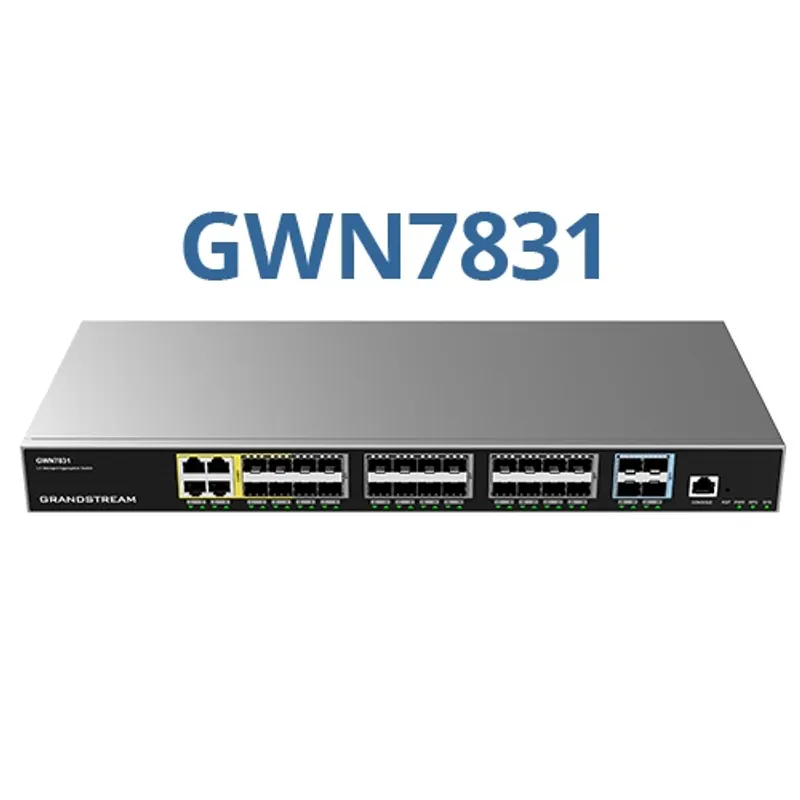 Switch Grandstream GWN7831 de 6 puertos Gigabit y 4 SFP+ en rack con LEDs y panel frontal para redes empresariales de capa 3.