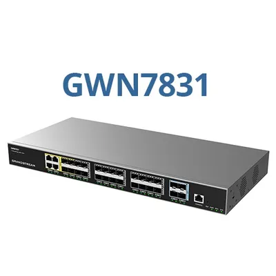 Switch de red Grandstream GWN7831 con 6 puertos Gigabit y 4 SFP+ en render 3D frontal para montaje en rack. Switch de red Grandstream GWN7831 con 6 puertos Gigabit y 4 SFP+ en render 3D frontal para montaje en rack.