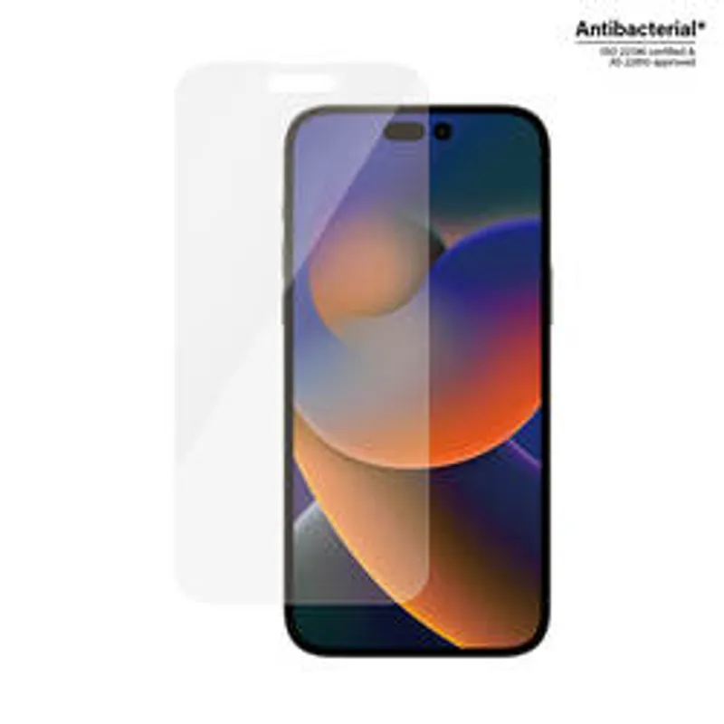 Protector de pantalla transparente para iPhone con película adhesiva aplicada sobre fondo de pantalla colorido.