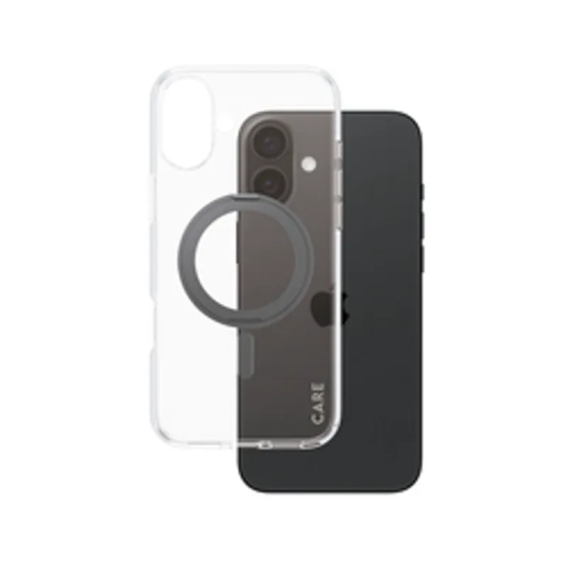 Custodia trasparente per smartphone con anello MagSafe e telefono nero retroilluminato marca CASETiFY.