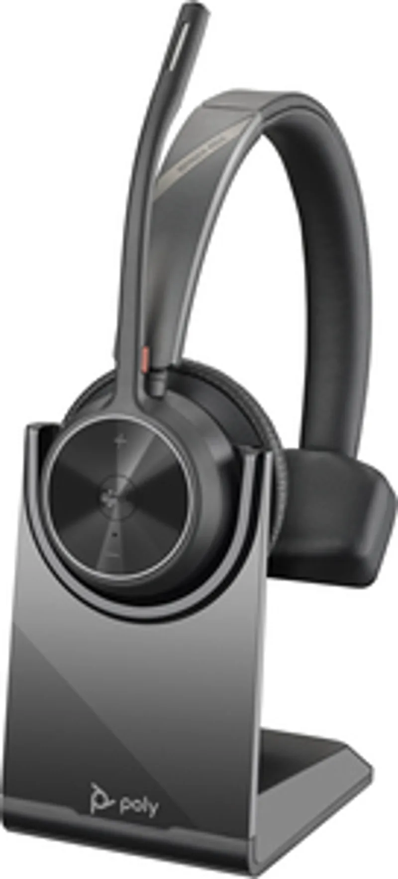 Poly Voyager 4310M Mono Teams USB-C Headset mit Ladehalterung in Dunkelgrau mit Mikrofonarm und Poly-Logo.