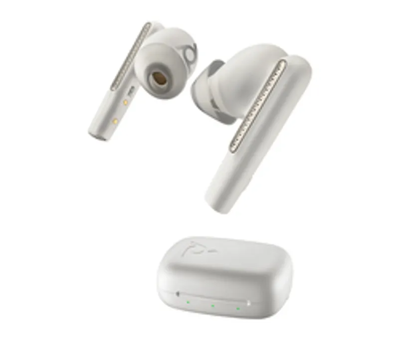 Écouteurs sans fil Poly Voyager Free 60 UC USB-C blancs avec étui de charge à voyants LED verts et embouts allongés à