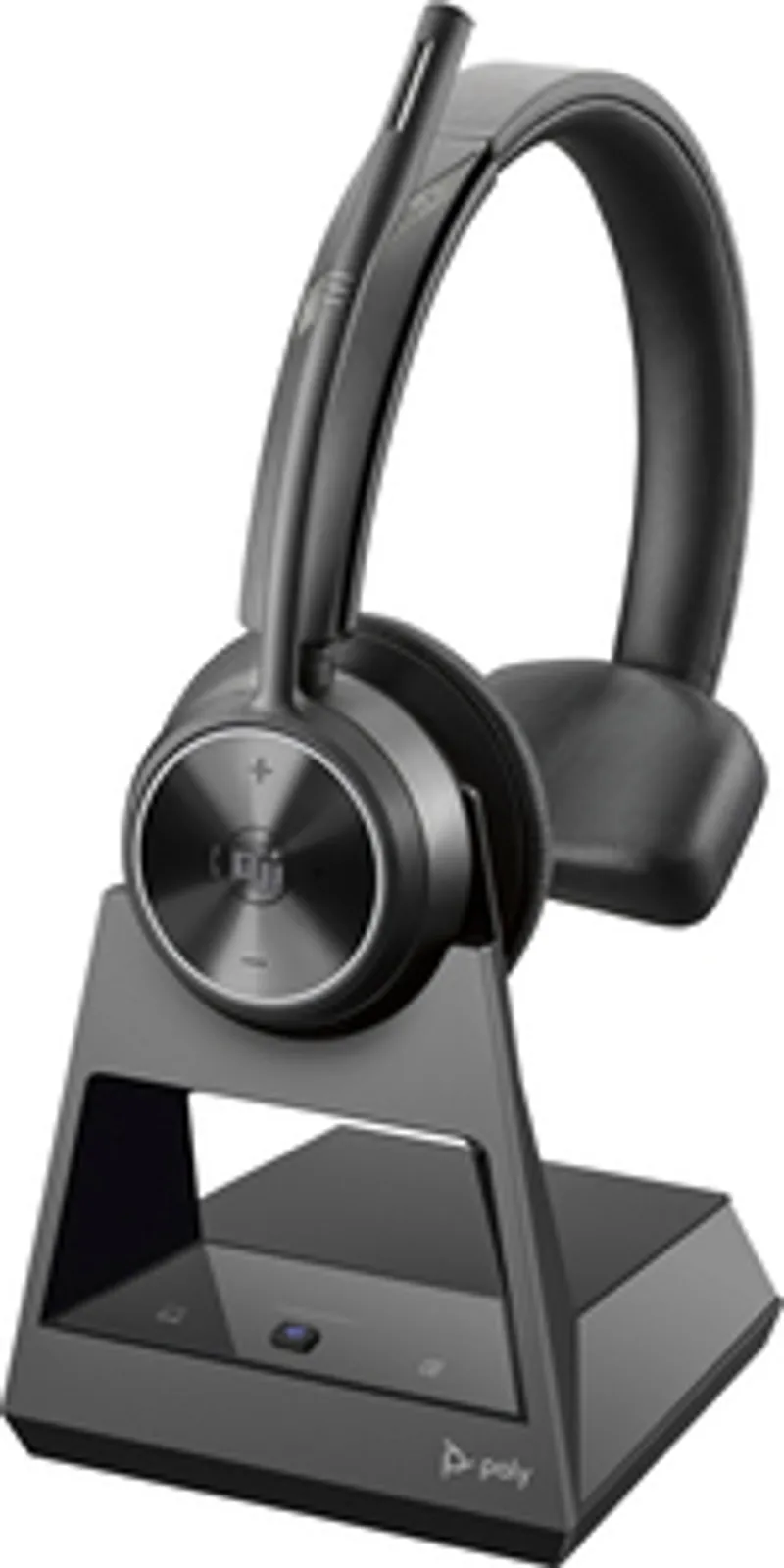 Casque Poly Savi 7310 Mono DECT Teams USB-C/A posé sur sa base de recharge noire avec voyant bleu allumé et micro orientable.
